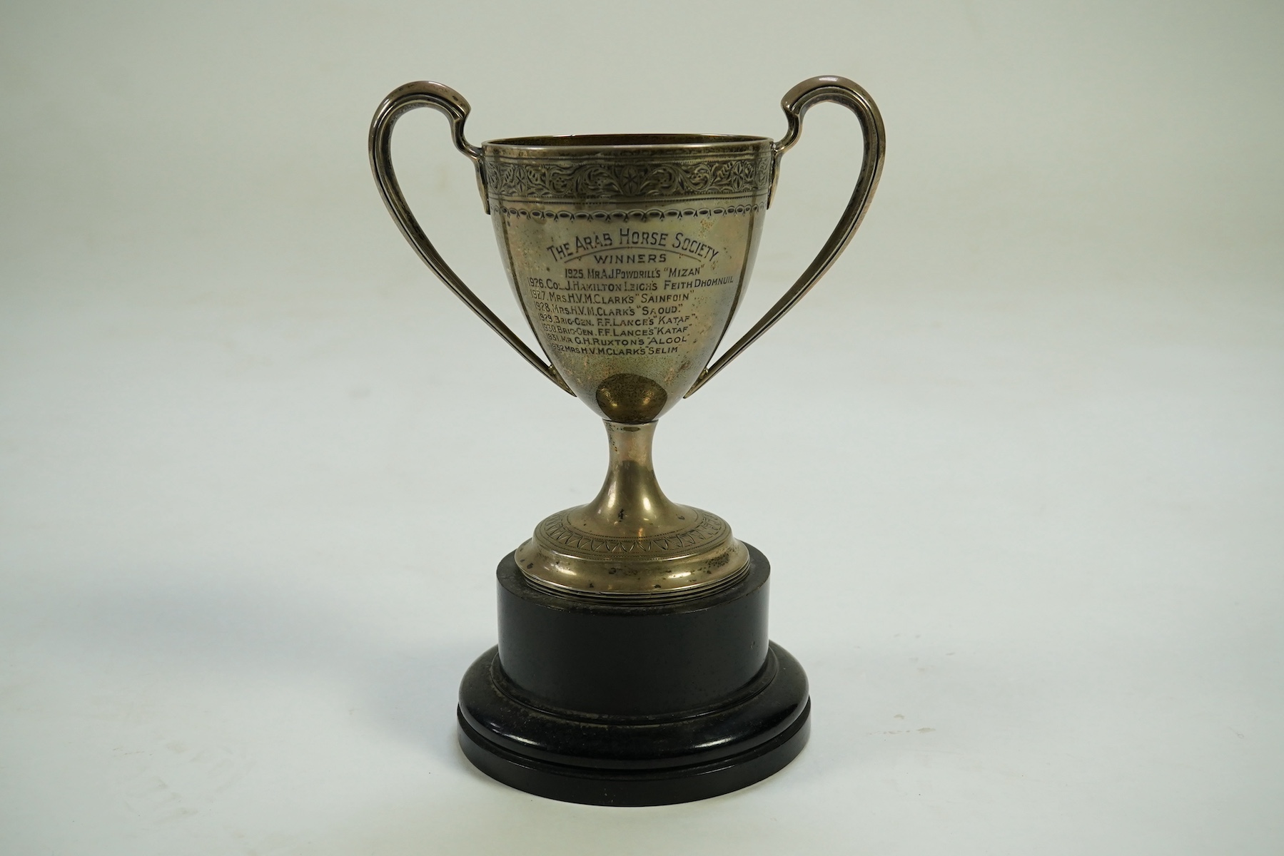 A George III? Irish silver two handled presentation trophy cup, with later engraved horse racing inscription relating to 'The Arab Horse Society Challenge Cup for the Best Stallion or Colt not exceeding 4 years old'